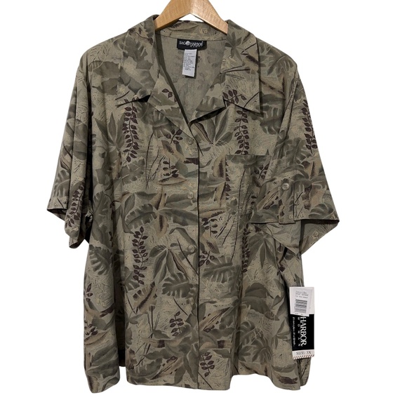 NWT Sag Harbor Woman Silk Shirt Plus Size 3X Leaf Pattern Business Casual Office - Picture 1 of 5